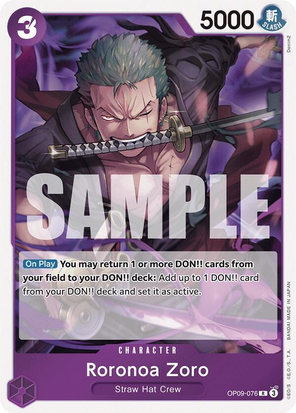 A rare Bandai trading card from the "Emperors in the New World" series features Roronoa Zoro with green hair wielding a katana, posed dynamically with an intense look against a purple SAMPLE background, and includes game text about returning and activating DON!! cards.