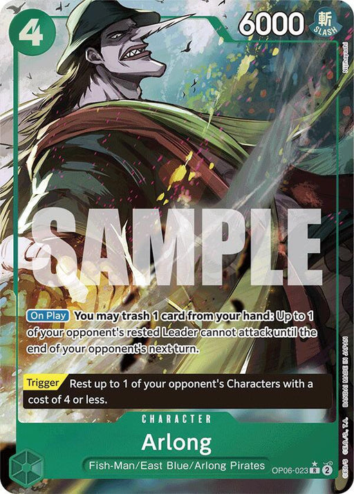 This exclusive alternate art character card, Arlong (Alternate Art) [Premium Booster -The Best-] by Bandai, features a vivid green and turquoise design. It showcases Arlong of the Fish-Man/East Blue/Arlong Pirates with a fierce smile beneath his green cap and coat. The premium booster includes game instructions with a cost of 4 and power rating of 6000.