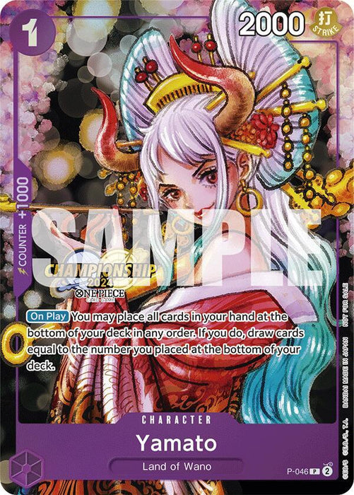 This promotional trading card features Yamato from One Piece, part of the Yamato (CS 2024 Event Pack) by Bandai. The card highlights Yamato's long white hair, ornate horns, and vibrant, detailed attire. It includes a purple border with gameplay mechanics such as "On Play" and a power level of "2000," with the word "SAMPLE" prominently displayed across the character card.