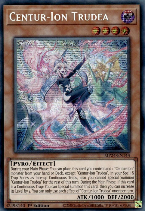 The "Yu-Gi-Oh!" trading card titled "Centur-Ion Trudea [MP24-EN144] Prismatic Secret Rare" from the 25th Anniversary Tin features a character with mechanical wings in flight within a brightly colored mosaic background. Below the image, you can find the card's name, attribute, type, effect description, and ATK/DEF values.