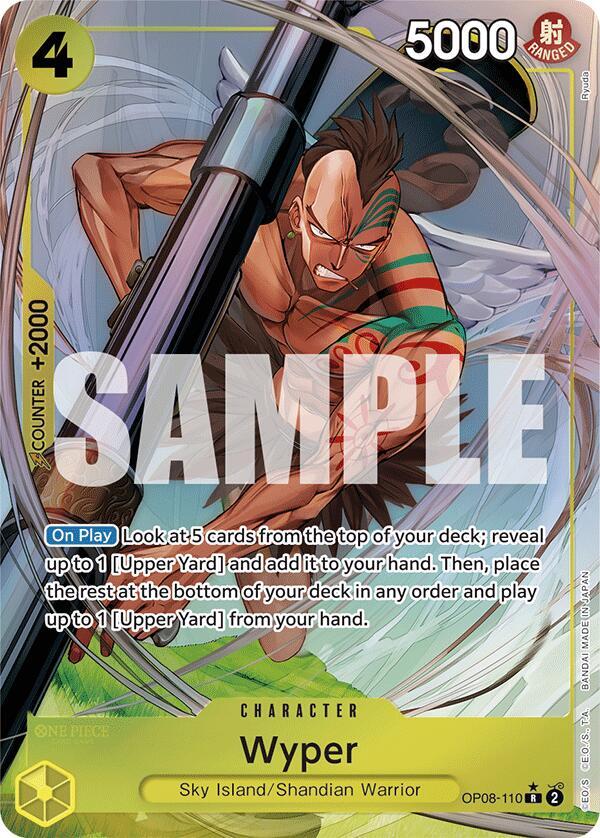 The image showcases a collectible card of the Wyper (Parallel) [Two Legends] character by Bandai. This powerful figure, known for his muscular build, mohawk hairstyle, and tribal tattoos, originates from Upper Yard and is depicted with a burning weapon. The card has an impressive power level of 5000 and includes descriptions of his abilities below.