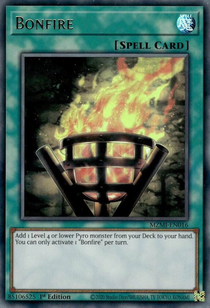 The Yu-Gi-Oh! Ultra Rare card "Bonfire [MZMI-EN016]" is a spell card showing a vivid bonfire in a metal brazier. It lets you add 1 Level 4 or lower Pyro monster from your Deck to your hand, but it's limited to one activation per turn.