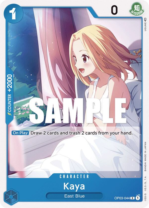 Anime-style illustration card of a rare character, Kaya [Pillars of Strength] by Bandai, with stats and abilities like drawing and discarding cards. Features a young blonde woman in a white dress smiling by a sunlit window.