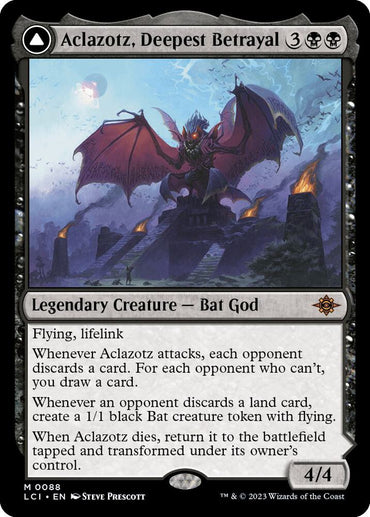 The image shows the Magic: The Gathering card "Aclazotz, Deepest Betrayal" from The Lost Caverns of Ixalan. This legendary Bat God with flying and lifelink costs 3 generic and 2 black mana, triggers opponent discards, and is a powerful 4/4 black card.