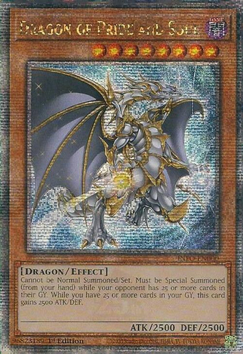 Dragon of Pride and Soul (Quarter Century Secret Rare) [INFO-EN000] from the Yu-Gi-Oh! brand is an Effect Monster card featuring a striking image of a silver and gold dragon with large wings amidst swirling energy. This Quarter Century Secret Rare boasts 2500 ATK and DEF, complete with an effect text and a dragon icon in the top right corner.