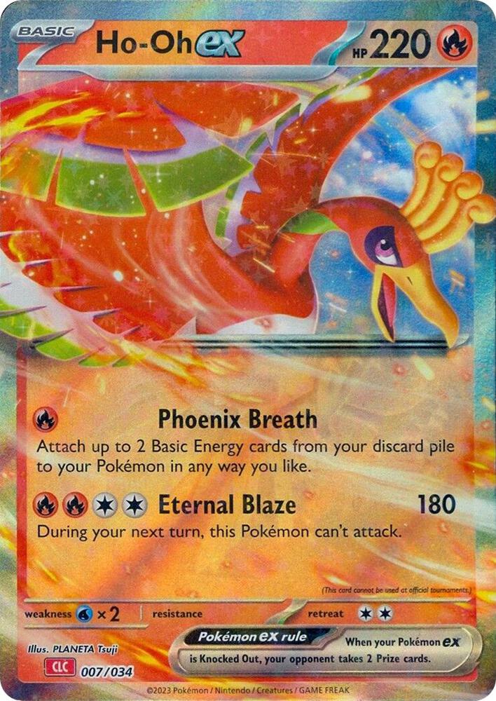 The Pokémon Ho-Oh ex [Trading Card Game Classic] card, a striking and rare piece with 220 HP, features vibrant artwork of Ho-Oh's rainbow plumage. As a Basic Fire-type card, it includes moves Phoenix Breath and Eternal Blaze, along with detailed weaknesses and special abilities.