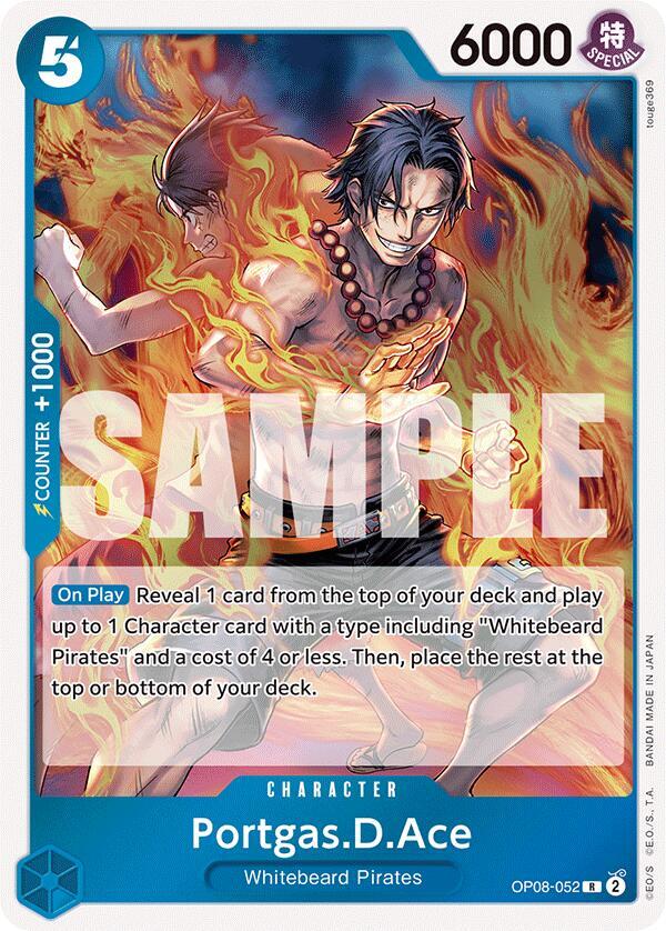 This rare Portgas.D.Ace [Two Legends] trading card from Bandai features the One Piece character engulfed in flames, dressed in his iconic open shirt and hat. As a member of the Whitebeard Pirates, Ace boasts a power rating of 6000 and includes details about his special abilities.