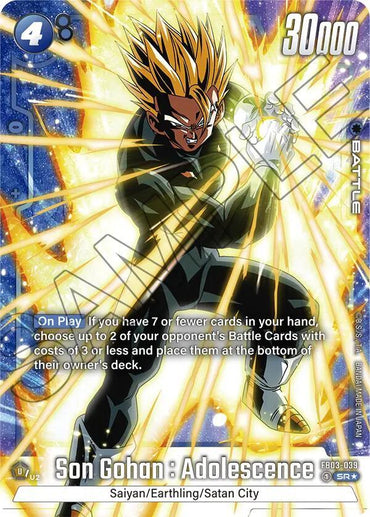 In the Super Rare "Son Gohan: Adolescence (FB03-039) (Alternate Art) [Raging Roar]" card by Dragon Ball Super: Fusion World, Gohan sports spiky golden hair, an intense expression, and a black outfit. Surrounded by radiant energy beams, he emits a powerful aura in this "Battle" card with 30,000 power.