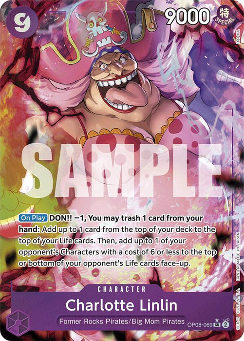 This is a highly sought-after Charlotte Linlin (Parallel) [Two Legends] trading card by Bandai, illustrating her with a radiant smile, an oversized hat, and vibrant attire. Her lengthy hair is elegantly displayed as she grasps objects. Valued at 9000, the card features detailed special abilities text and bears a "SAMPLE" watermark on the front.