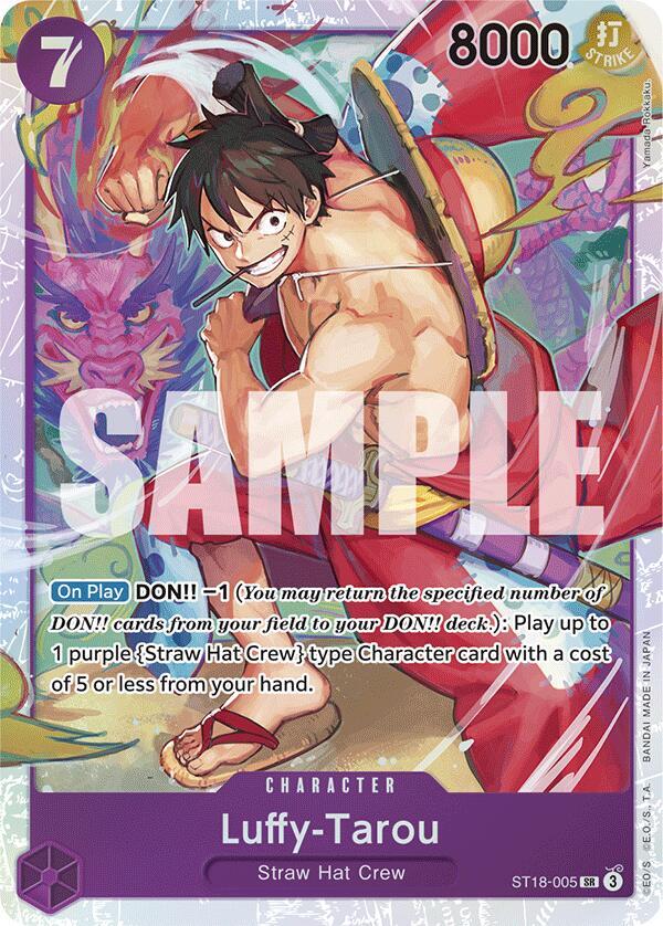 Bandai's Luffy-Tarou trading card from the Starter Deck: PURPLE Monkey.D.Luffy depicts a shirtless Luffy with his straw hat and a sword. It has a play cost of 7, power of 8000, and 