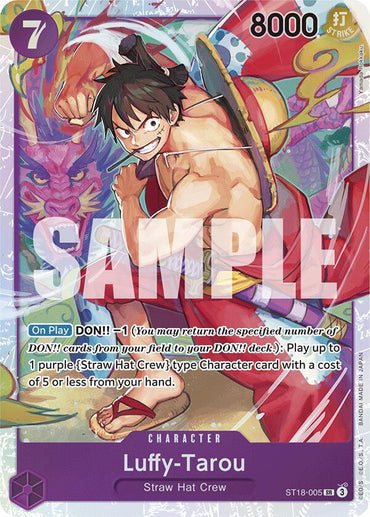 Bandai's Luffy-Tarou trading card from the Starter Deck: PURPLE Monkey.D.Luffy depicts a shirtless Luffy with his straw hat and a sword. It has a play cost of 7, power of 8000, and "SAMPLE" overlaying the image with details in text boxes.