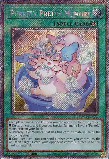 The image is of a Yu-Gi-Oh! trading card titled "Purrely Pretty Memory (Platinum Secret Rare) [RA02-EN072]," featuring a whimsical illustration of two cartoonish cats bathing in a blue basin. This Quick-Play Spell card boasts glittery holographic effects and includes text below the image detailing its spell effects and Special Summon game instructions.