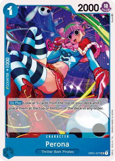 The Perona [Romance Dawn] card by Bandai features Perona from Thriller Bark Pirates in a vibrant pink and blue outfit with striped stockings and sunglasses. With 2000 power, +1000 counter, and deck manipulation, it's a standout card. Card code: OP01-077.