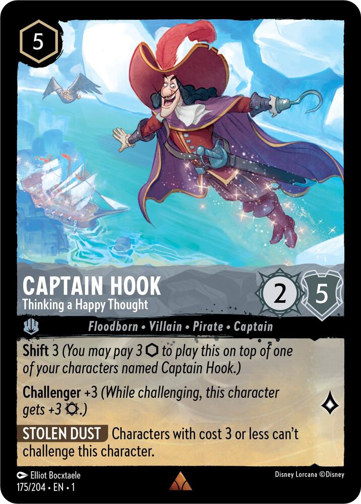 The Captain Hook - Thinking a Happy Thought (175/204) card from Disney Lorcana features him in a dynamic pose with his iconic red coat and hook hand. It has stats of cost 5, attack 2, and defense 5, with abilities Shift 3, Challenger +3, and Stolen Dust effect description.