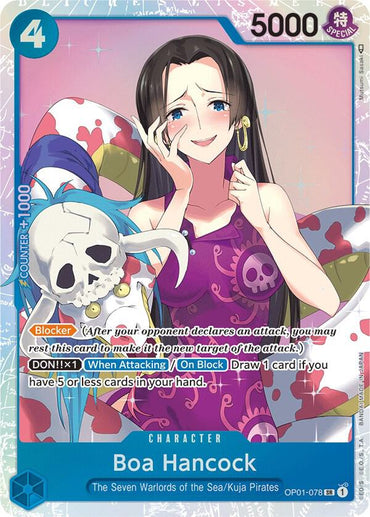 The Bandai Super Rare anime-style Character Card, Boa Hancock [Romance Dawn], displays her with long black hair in a red dress adorned with floral patterns and features a blue and white skull-motif mascot. The card boasts impressive stats and special abilities.