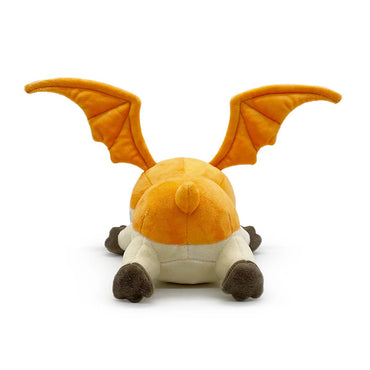 The YouTooz Digimon Patamon Stickie 6-Inch Plush is a plush toy with an adorable design featuring orange wings, an orange back, and a beige belly. It is positioned face down like a Youtooz stickie, highlighting its spread wings and tail. The toy has short limbs and is crafted from soft, plush materials with dark brown accents on its feet.