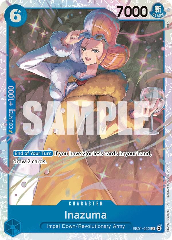 A Super Rare Bandai Character Card from the Inazuma [Extra Booster: Memorial Collection] features Inazuma in a fur-collared coat, holding a glass. The card has blue borders with 7000 power, counter +1000, special abilities, and vibrant geometric patterns.