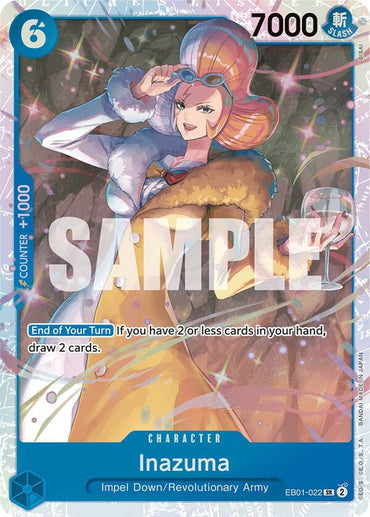 A Super Rare Bandai Character Card from the Inazuma [Extra Booster: Memorial Collection] features Inazuma in a fur-collared coat, holding a glass. The card has blue borders with 7000 power, counter +1000, special abilities, and vibrant geometric patterns.