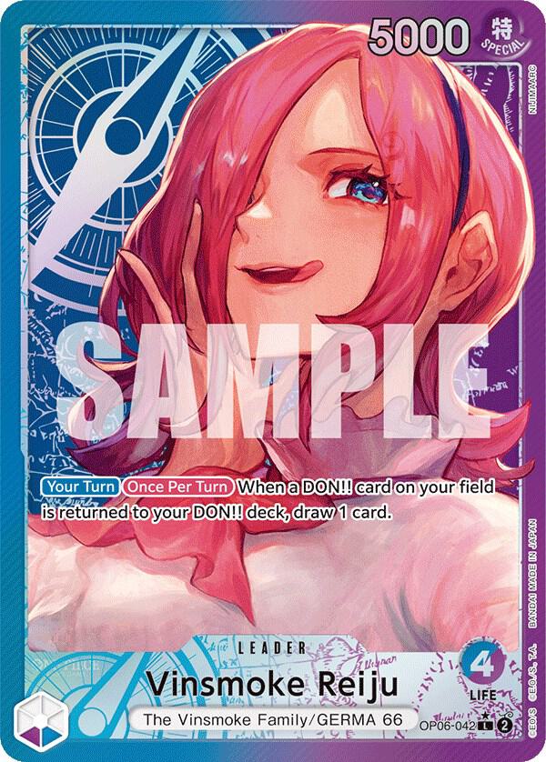 A Bandai trading card named "Vinsmoke Reiju (Alternate Art) [Wings of the Captain]" features a character with pink hair, a confident expression, and her right hand touching her chin. This Leader card has 5000 power and includes text about her Wings of the Captain ability. The image also displays the word "SAMPLE" overlayed on it.