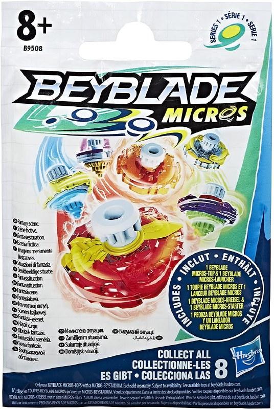 A sealed package of Beyblade Micros Series 3 from Everything Games is shown, featuring colorful illustrations of customizable tops with detachable components. The top reads "Beyblade Micros" with a "+8" age suggestion. The package highlights various available tops and includes product details in multiple languages.