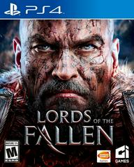 The PS4 game "Lords Of The Fallen" by Everything Games has cover art of a bald, bearded man with facial tattoos and fur-trimmed armor. Set in a medieval fantasy world, its title is centered, with logos for the M rating and publishers at the bottom.