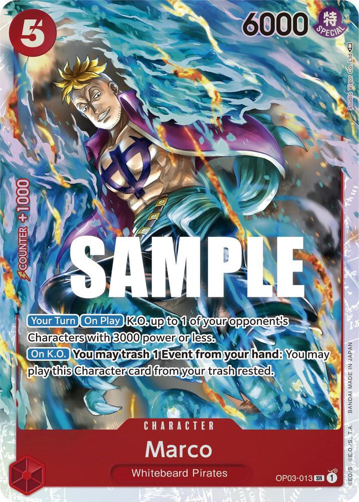 A rare Bandai trading card, "Marco [Pillars of Strength]," features a character from the Whitebeard Pirates. With blond spiky hair enveloped in blue flames, Marco boasts 6000 power and a cost of 5, with his special abilities highlighted in blue and green text boxes.