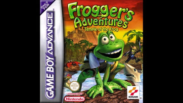 The cover art for "Froggers Adventures" on Game Boy Advance shows a green frog in a white scarf leaping across logs over water, set against lush jungle and ancient temple ruins. The Konami logo appears at the bottom right.