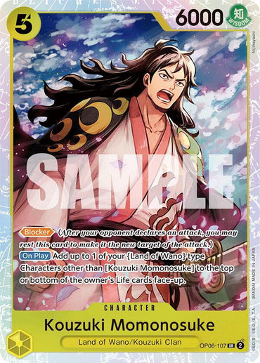 A Bandai card named Kouzuki Momonosuke [Wings of the Captain] featuring a cartoon character from the Land of Wano adds a touch of mystery to your collection.