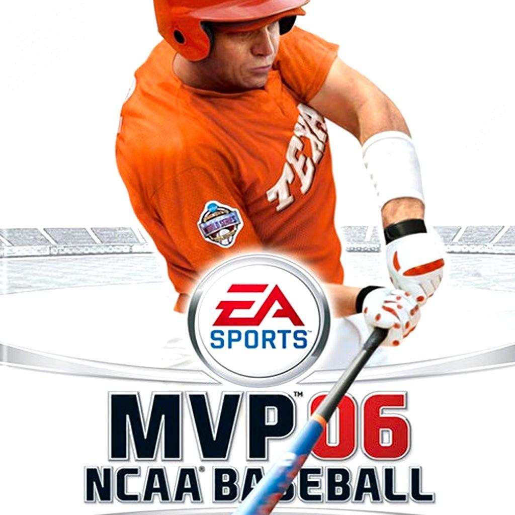 The video game cover features a college baseball player in an orange uniform with a glove and helmet, swinging a bat against a stadium backdrop. 