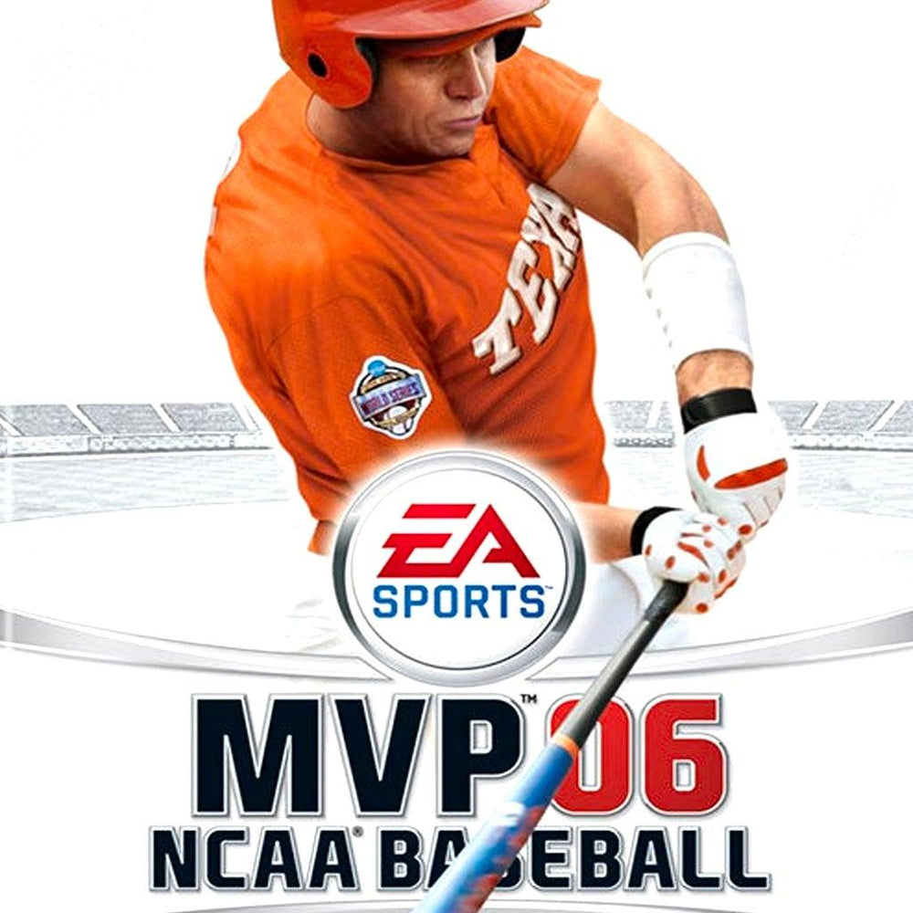 The video game cover features a college baseball player in an orange uniform with a glove and helmet, swinging a bat against a stadium backdrop. "EA Sports" and "MVP 06 NCAA Baseball" are prominently displayed, emphasizing its PlayStation 2 gameplay experience.