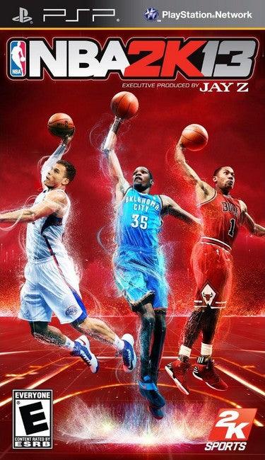 The cover art for Everything Games' NBA 2K13 on PSP features three players in action: one in white, another in blue (#35), and the third in red. A dynamic red gradient serves as the background, with visible logos for PlayStation Network and 2K Sports.