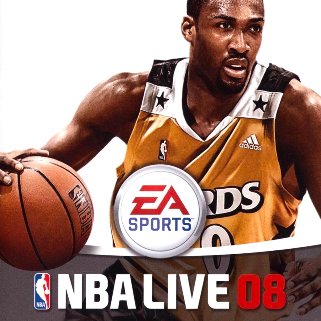 NBA Live 08 by EA Sports offers an immersive basketball experience with cover art featuring a player in a vibrant yellow Wizards jersey gripping the ball. 