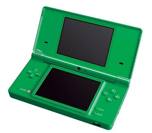 A green Nintendo DSi handheld gaming console by Nintendo, featuring dual screens—one on the top half and one on the bottom. This portable entertainment device includes a directional pad, buttons labeled A, B, X, and Y, along with Start, Select, and Power buttons. It also has a built-in camera positioned above the bottom screen. The screens are currently off.