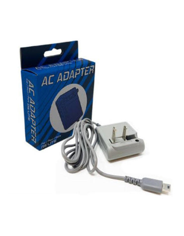 The image features a white Old Skool DS Lite AC Power Adapter with a two-pronged plug and gray cable ending in a mini USB connector. Next to it, a blue and black box labeled "AC ADAPTER" displays an illustration of the adapter, suited for worldwide Nintendo DS Lite use.