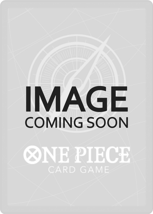 A grey placeholder image with the text "IMAGE COMING SOON" in bold, black letters is shown. Below this text is the "One Piece Card Game" logo in white, featuring a pirate hat with crossbones. A faint compass symbol is prominently displayed in the background, hinting at a super rare card from the Foxy Pirates: Porche [500 Years in the Future] by Bandai.