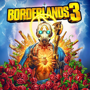 The cover art of "Borderlands 3 (PS4)" by Everything Games features a masked figure with glowing blue eyes and a halo, holding a weapon and grenade. Surrounded by guns like rays and red roses, the first-person shooter’s title is prominently displayed at the top.