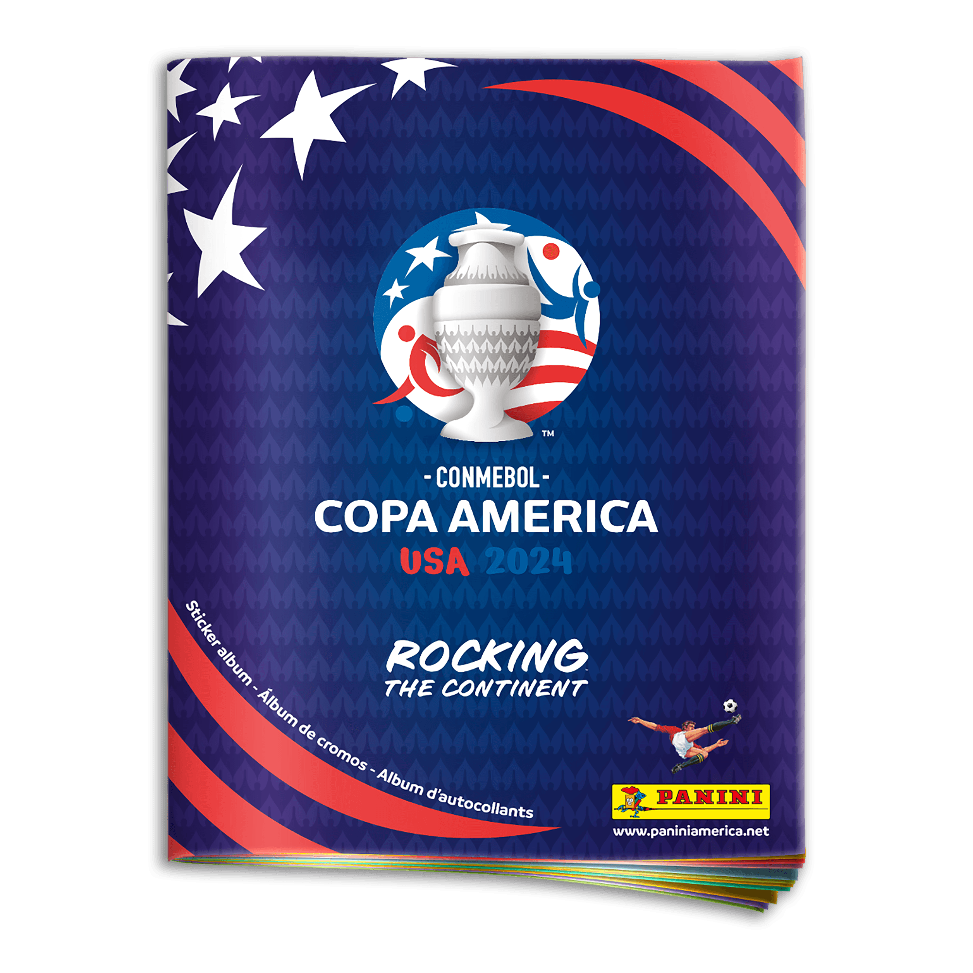 The image is a cover for the Panini Conmebol Copa America USA 2024 Sticker Album by Panini, featuring a trophy logo with stars and stripes set against a blue background. Red stripes and a digital pattern enhance the design, with text reading 