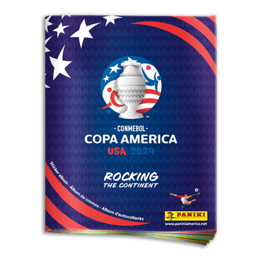 The image is a cover for the Panini Conmebol Copa America USA 2024 Sticker Album by Panini, featuring a trophy logo with stars and stripes set against a blue background. Red stripes and a digital pattern enhance the design, with text reading "Rocking the Continent," making it ideal for collectors of Soccer Brand New MINT Stickers.