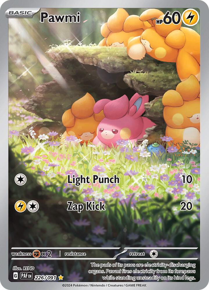 The image features a Pawmi card (226/091) from the Pokémon Scarlet & Violet: Paldean Fates series. In a sunlit forest clearing with flowers and glowing puffs, this small electric-type creature has HP 60 and moves like Light Punch (10 damage) and Zap Kick (20 damage).