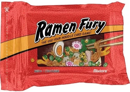 The red ramen-style package of Mixlore's Ramen Fury card game features chopsticks with noodles and ingredients like boiled egg, mushroom, narutomaki, and green onions. The 