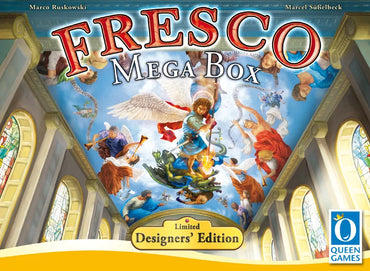 The "Fresco: Mega Box" from Queen Games features ornate fresco artwork of an angelic figure with wings and a sword on a cathedral ceiling, surrounded by figures and clouds. Part of the Limited Designers' Edition, it includes exciting expansions.