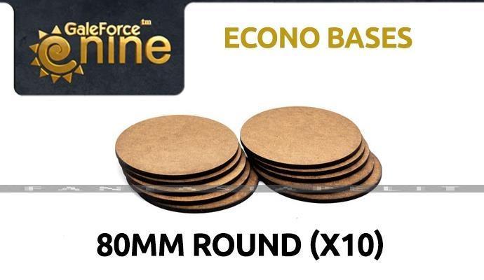 Image of a product named GaleForce Nine: Econo Bases Round 80mm (x10). The package contains ten 80mm round bases made of either wood or plastic, ideal for basing your army for tabletop gaming or model painting. The Gale Force Nine logo is clearly visible at the top left, with the product name 