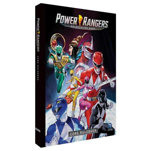 The image shows the cover of the "Power Rangers RPG - Core Rulebook" by Renegade Game Studio. The cover features several Power Rangers in different colored costumes: green, white, red, yellow, pink, black, and blue. The title and subtitle are prominently displayed at the top with "Core Rulebook" at the bottom, emphasizing character creation in this role-playing game.