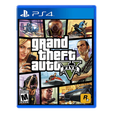 The image shows the Grand Theft Auto V (PS4) cover from Everything Games, highlighting its open-world action-adventure theme. It features characters and scenes like a woman, a man in a gas mask, and a motorcycle rider with the title prominent in the center.