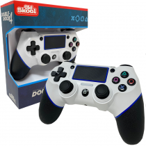 A white Old Skool Arctic White PS4 Double-Shock 4 Controller with black grips and buttons is shown outside its packaging, which features the 