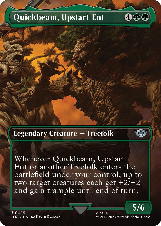 Illustration of Quickbeam, Upstart Ent (Borderless Alternate Art) from Magic: The Gathering's The Lord of the Rings: Tales of Middle-Earth. This majestic Treefolk boosts creatures' power and grants trample, with a mana cost of 4BG.