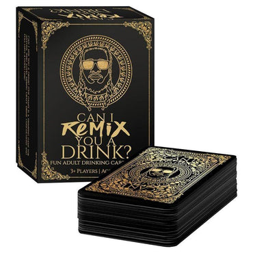 The image displays a card game box and a stack of cards. The box is black with gold ornate designs and features T-Pain's face with sunglasses. The text reads, "Can I Remix You a Drink? - by T-PAIN (Hardcover). Fun Adult Drinking Game. 3+ Players. Age 21+." This cocktail game has cards with a similar black and gold design from Penguin Random House.