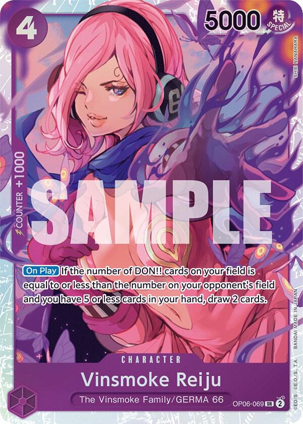 Introducing the Vinsmoke Reiju [Wings of the Captain] character card from Bandai! This super rare card features Vinsmoke Reiju of The Vinsmoke Family/GERMA 66. With her vibrant pink hair and dark outfit, she is depicted holding a pink device to her ear. The card showcases impressive stats: Cost 4, Power 5000, Counter +1000 and includes abilities text. Additionally, the word 