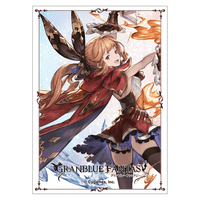 Illustrated character from Granblue Fantasy wearing a red and blue outfit adorned with ribbons and a cape. She has long, blonde hair styled in pigtails and large, black bunny ears. Her confident expression matches her dynamic pose with arms extended, surrounded by magical energy effects, in a standard size pack of 60 count Sleeves - Granblue Fantasy "Clarisse" by Player's Choice.