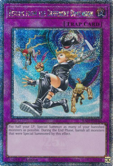 The Yu-Gi-Oh! "Return from the Different Dimension" [RA03-EN140] shines as a Quarter Century Secret Rare card, depicting a female warrior in black armor with wings alongside three mythical creatures. This Normal Trap card has intricate text detailing its effects.